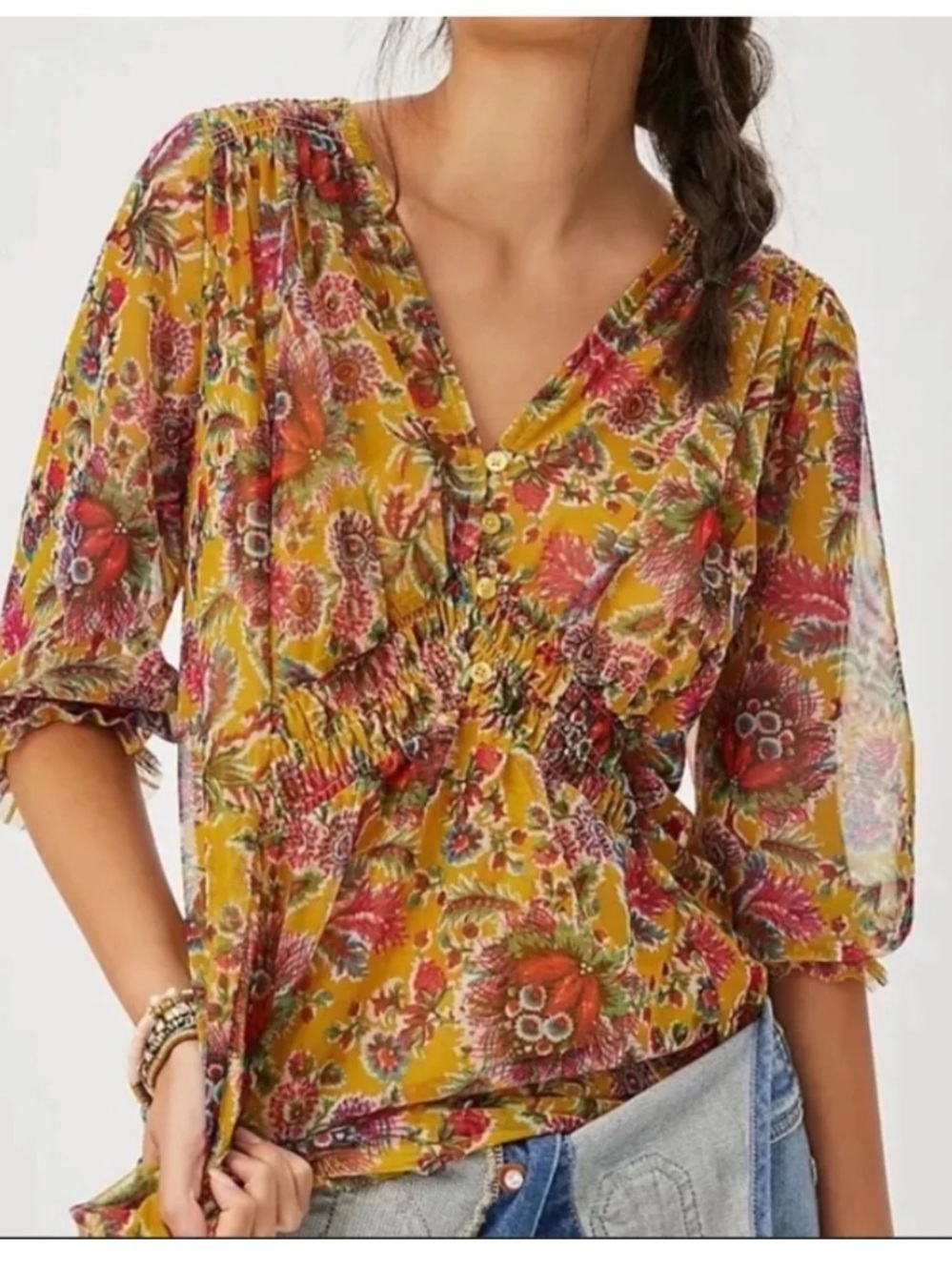 Anthropologie Gretchen Smocked Tunic Blouse Sheer Boho Style Floral Mustard  XS